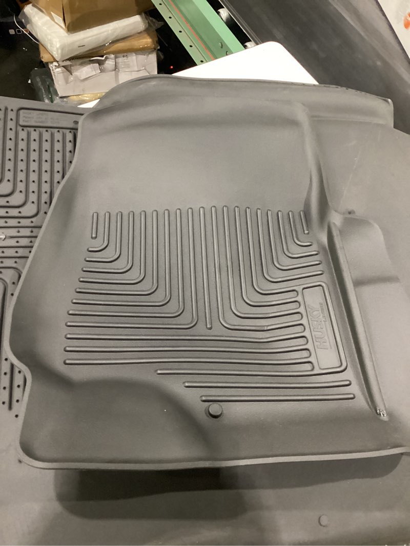 Condition photo showing As Is for ** missing driver side front mat**  husky liners x-act contour floor mats | fits 2015-2024 ford f-150 (includes 2022-2024 lightning) supercrew without fold flat storage (full coverage) | front & 2nd row, 3-pc black - 53498