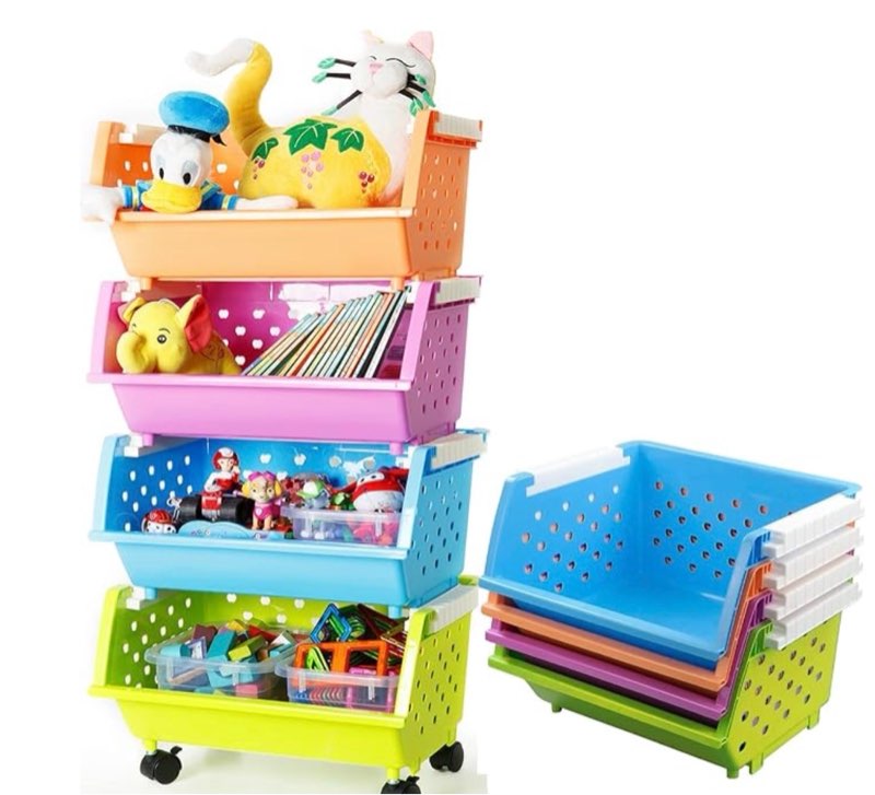 kids' toys storage organizer bins baskets with wheels can move everywhere large 4 baskets natural/primary (primary collection) (purple&blue&orange&green)