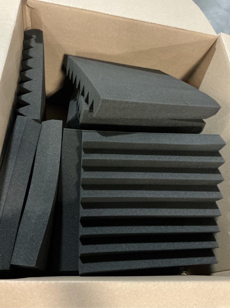 Condition photo showing As Is for ( incomplete ) 56 pack soundproof wall panels, 2\" x 12\" x 12\" self-adhesive pyramid acoustic foam, high density acoustic panels for home studio, quick-recovery sound proof panels for walls, black