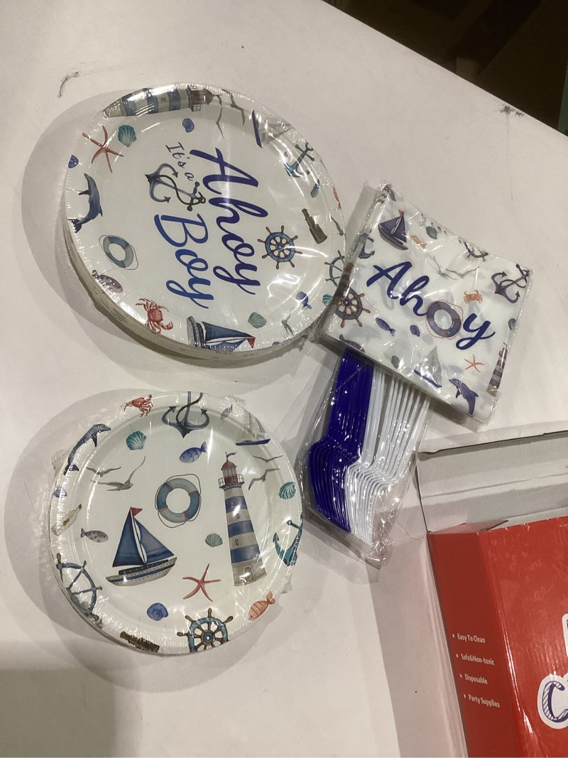 Condition photo showing New/Like New for ahoy its a boy baby shower decorations baby boy nautical plates and napkins disposable anchor nautical tableware sets for boys baby shower baby gender reveal birthday sailing party supplies serves 24 96pcs nautical boy
