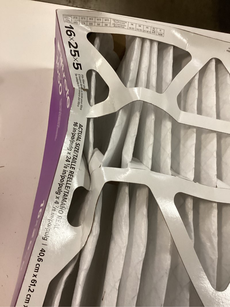 Condition photo showing As Is for filtrete 16-in w x 25-in l x 5-in merv 12 1550 mpr allergen, bacteria and virus electrostatic pleated air filter