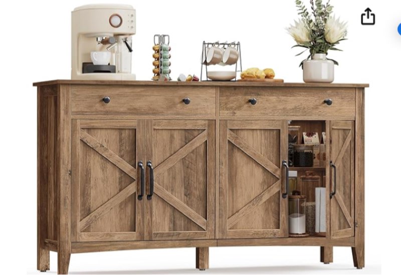VASAGLE LIRY Collection UBBK381K01 - Buffet Cabinet, Coffee Bar Cabinet with 2 Drawers, Adjustable Shelves, Sideboard Storage with Cable Holes, Drawer Dividers, Honey Brown