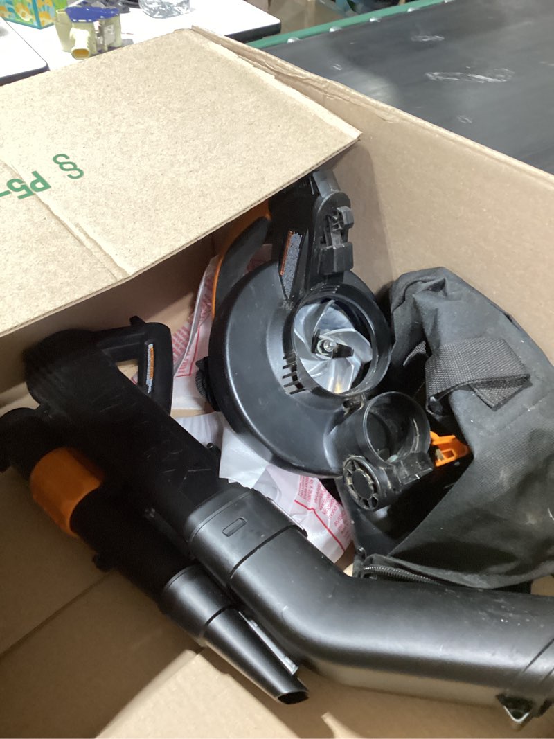 Condition photo showing As Is for worx trivac 3 in 1 electric leaf blower for lawn care, leaf vacuum with 350 cfm & 210 mph, leaf mulcher with metal impeller, wg509 350cfm blower/vac/mulcher