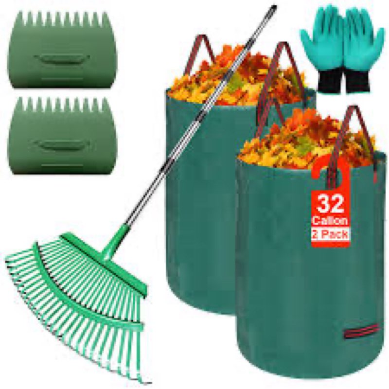 Adjustable Metal Leaf Rake Set – 25 Tines, 38-73" Handle, 19" Wide with 2 Pack 32-Gallon Leaf Bags &