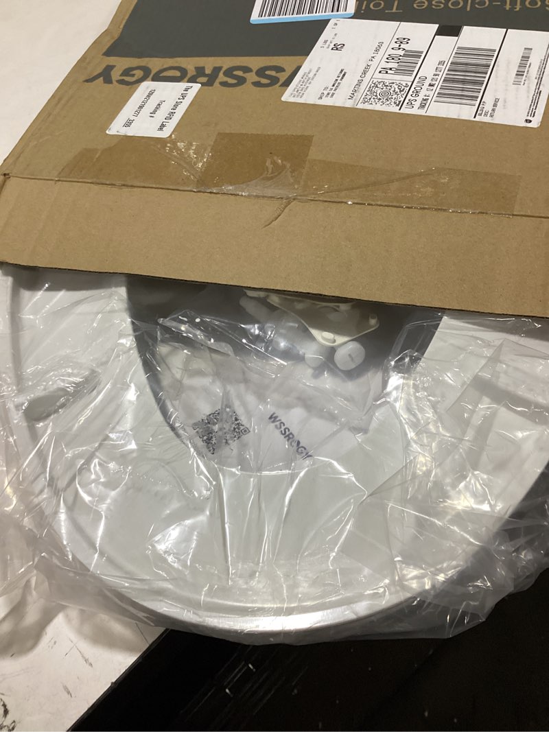 Condition photo showing As Is for toilet seat elongated with cover soft close, easy to install, plastic, white, suitable to elongated or oval toilets