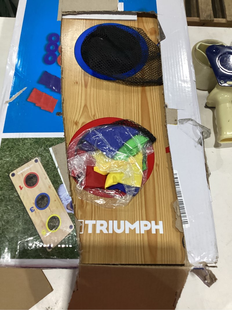 Condition photo showing As Is for triumph sports 2-in-1 bean bag toss board set with washers & bean bags for tossing, dual-sided boards feature multi-colored targets & on-board scoring – perfect for bbqs, tailgating & parties