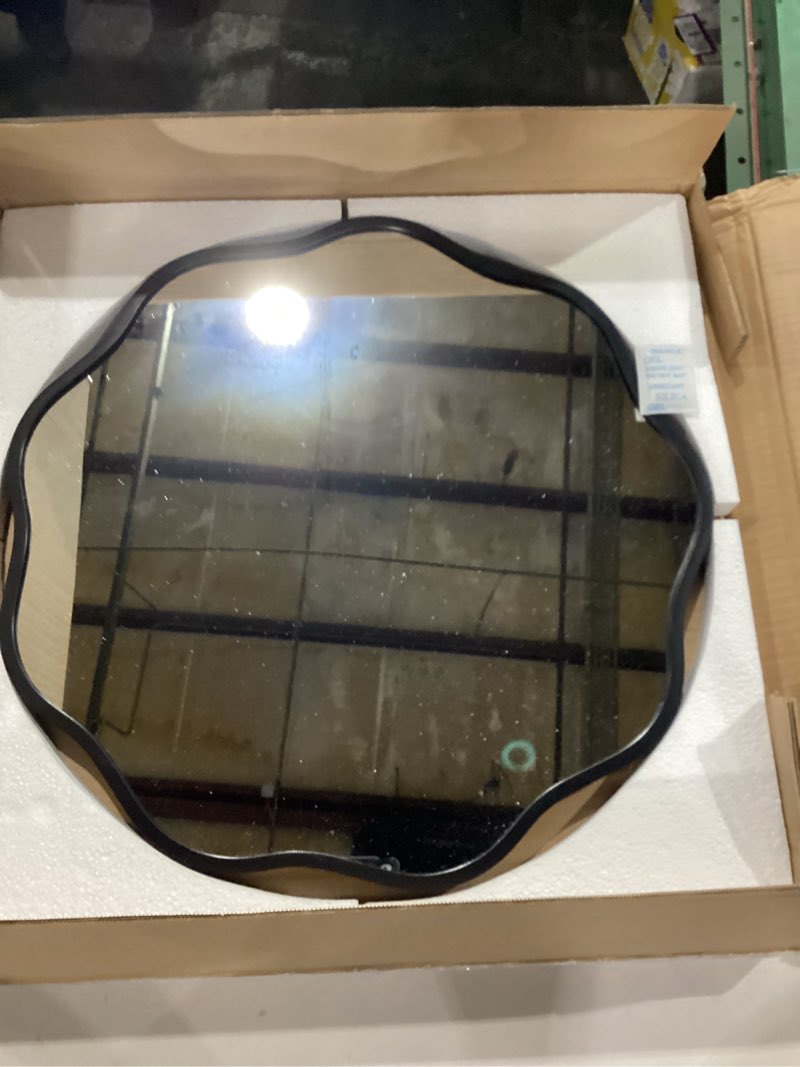 Condition photo showing New/Like New for WallBeyond Round Wavy Mirror for Wall Decorative 20 inch, Modern Round Mirror Aluminum Frame for Bathroom Bedroom Living Room Home House Office Entryway, Black 20"L x 20"W Black