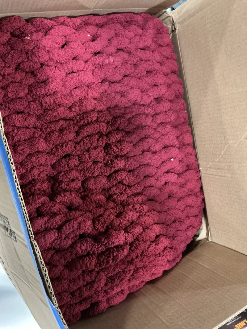 Condition photo showing As Is for chunky knit throw blanket for couch, 40x40 inches, red | hand knit with