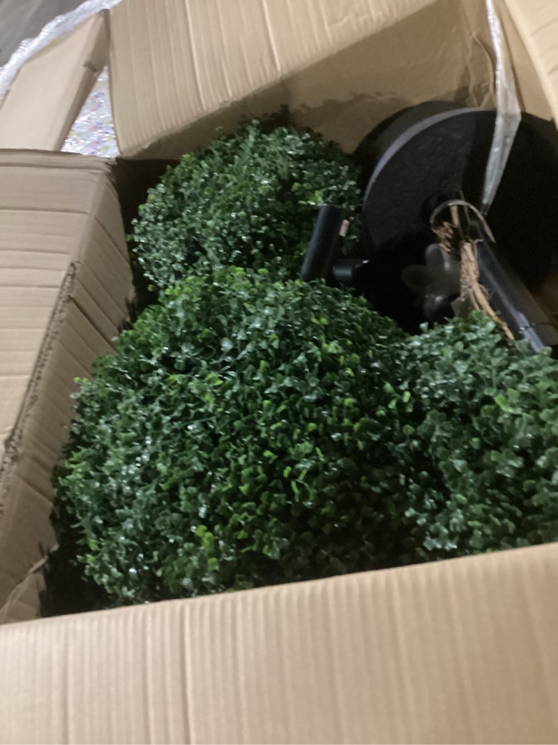Condition photo showing As Is for similar to photo) yangrass artificial eucalyptus topiary ball trees with ground spike, set of 2 uv resistant artificial shrubs, fake evergreen artificial plant bushes for indoor outdoor front porch garden