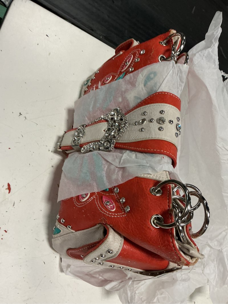 Condition photo showing As Is for orange and turquoise studded accented western style satchel handbag