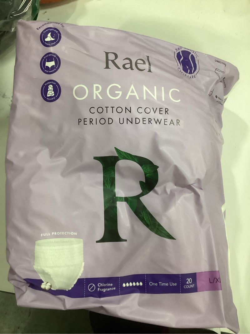 Condition photo showing New/Like New for Rael Disposable Underwear for Women, Organic Cotton Cover - Incontinence Pads, Postpartum Essentials, Disposable Underwear, Unscented, Maximum Coverage (Size L-XL, 20 Count)