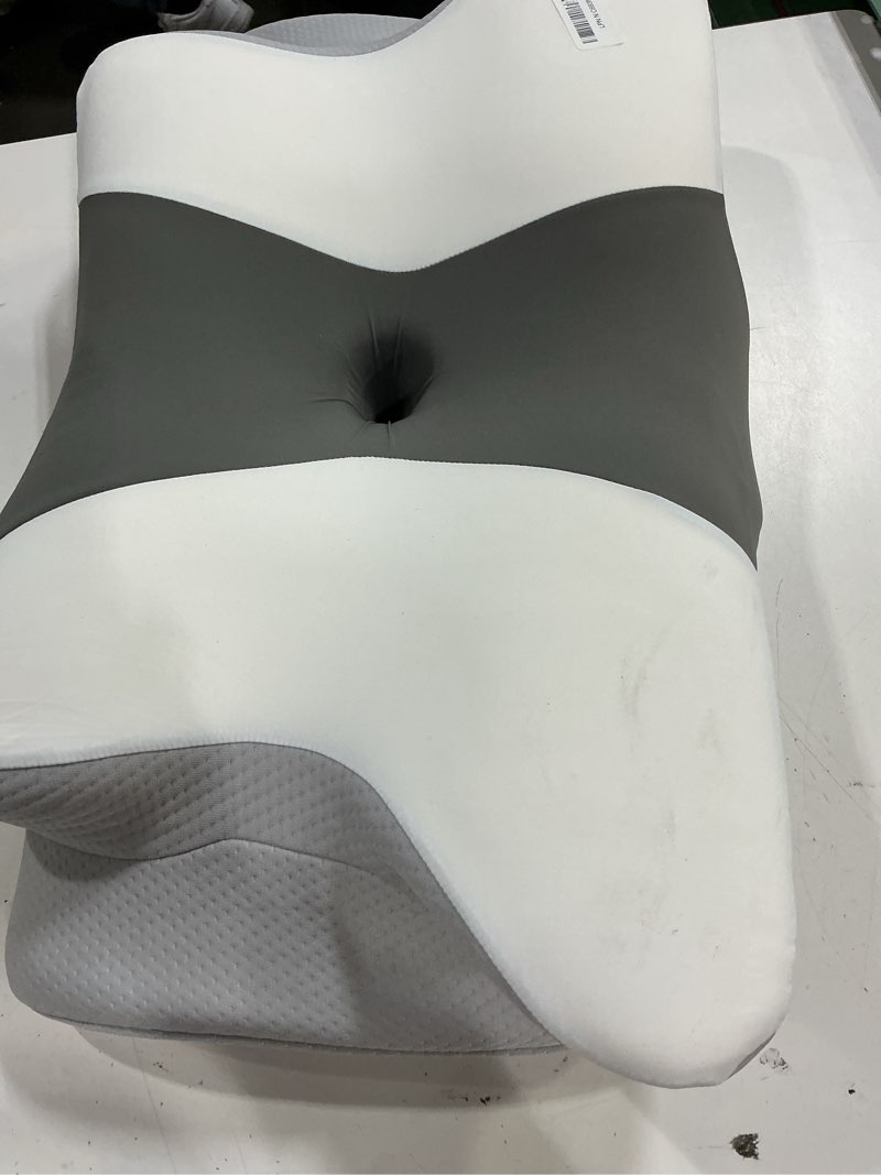 Condition photo showing As Is for cervical neck pillow for pain relief - ergonomic pillow side sleeper pillow for sleeping, orthopedic bed pillow neck support pillow, contour memory foam pillows for side back stomach sleepers dark grey & white