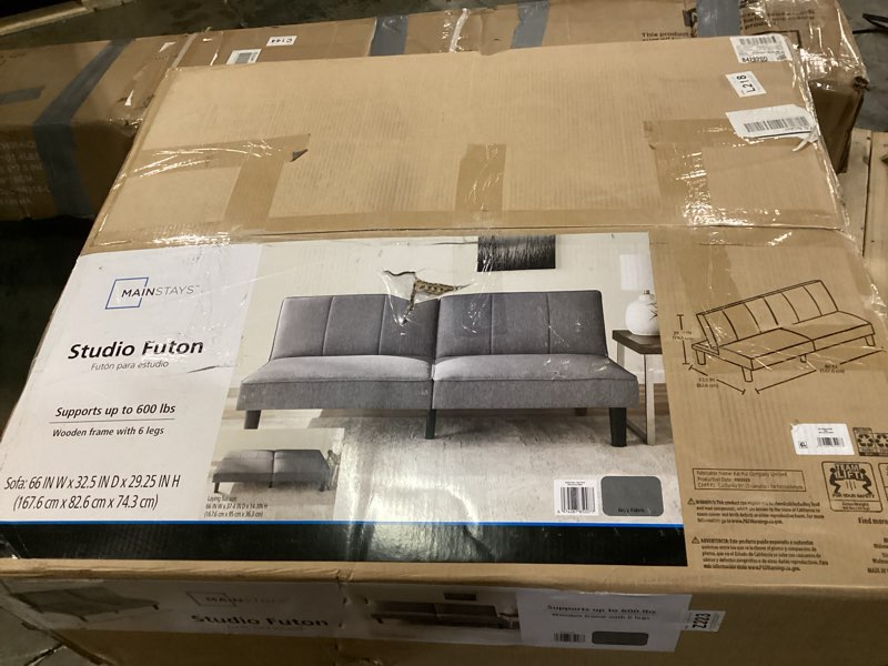 Condition photo showing Good Condition for mainstays 66" studio futon, gray linen upholstery