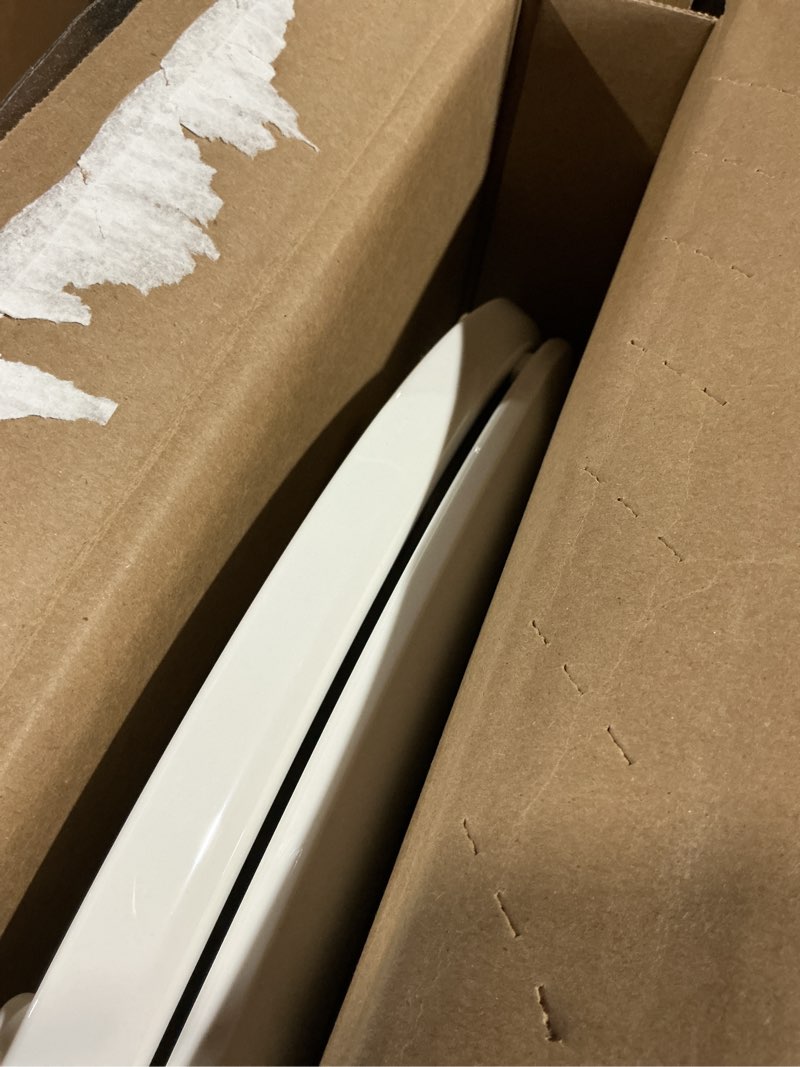 Condition photo showing As Is for kohler 4636-rl-0 cachet readylatch elongated toilet seat slow close, soft close toilet seat quiet lid, contoured grip-tight bumpers installation hardware, apartment essentials, white white elongated ready latch