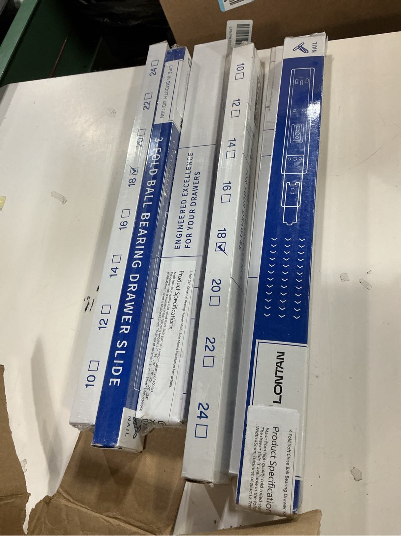 Condition photo showing New/Like New for LONTAN 6 Pairs 18 Inch Soft Close Drawer Slides, 18 inch Heavy Duty Drawer Slides Full Extension Ball Bearing Side Mount Slides for Dresser, Kitchen 100lb Capacity Drawer Runners 18 Inch 6