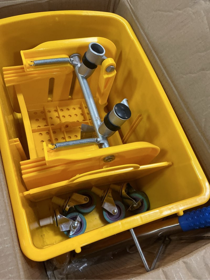 Condition photo showing As Is for Mind Reader Mop Bucket with Wringer, 22 Qt (5.5 Gallon), Floor Cleaning, Handle, Wheels, 16.25"L x 10.75"W x 24.5"H, Yellow Mop Bucket Yellow