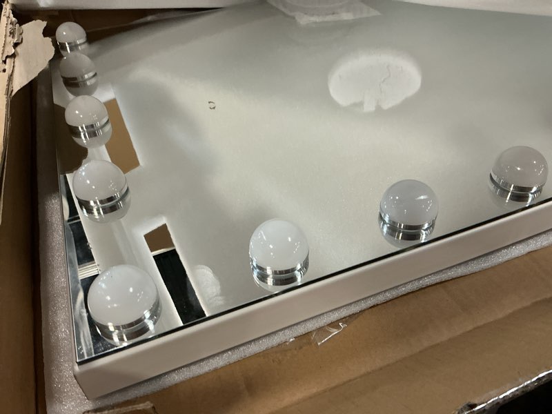 Condition photo showing Good Condition for moonee vanity mirror with lights, hollywood lighted makeup mirror with 9 dimmable bulbs and 10x magnification 360°rotation, 3 color modes, aluminum metal frame, light up mirror for tabletop?12" x 14"? white 12"l x 14"w