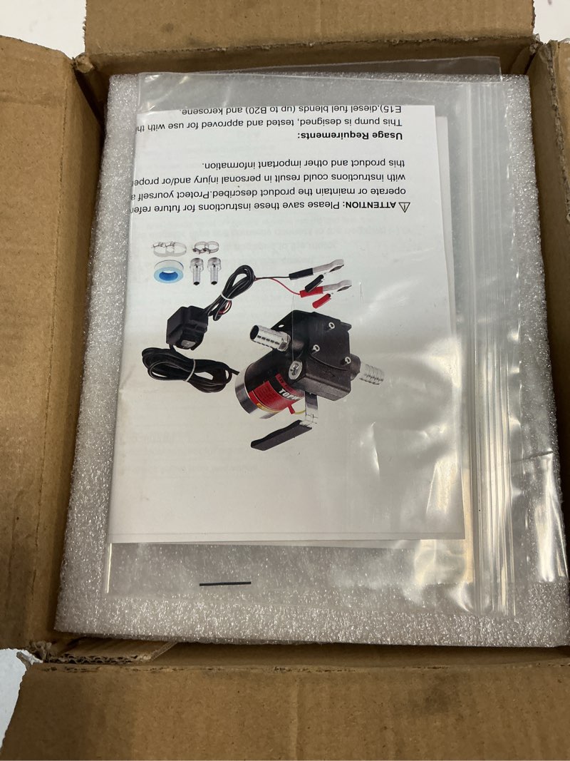 Condition photo showing New/Like New for topway 12v dc gasoline fuel pump 3.7gpm self-priming oil transfer pump with handle, reversible pumping, overheat protection, explosion-proof, built-in bypass, for gasoline fuel diesel kerosene removal 12v 3.7gpm