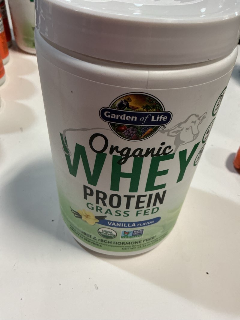Condition photo showing New/Like New for BB 04/30/2026)Garden of Life Grass Fed Whey Protein Powder Vanilla - 21g Protein for Women & Men + Probiotics - 12 Servings - Gluten Free, Non GMO, Kosher, Humane, RBST & rBGH Hormone Free