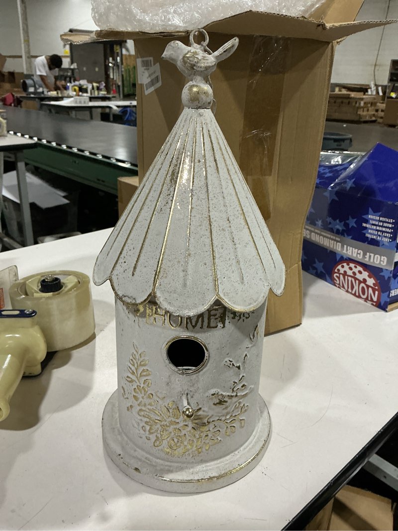 Condition photo showing Good Condition for metal hanging birdhouses for outdoors bird houses for outside unique bird nest for bluebird wren chickadee sparrow bird nest box for garden patio white gold