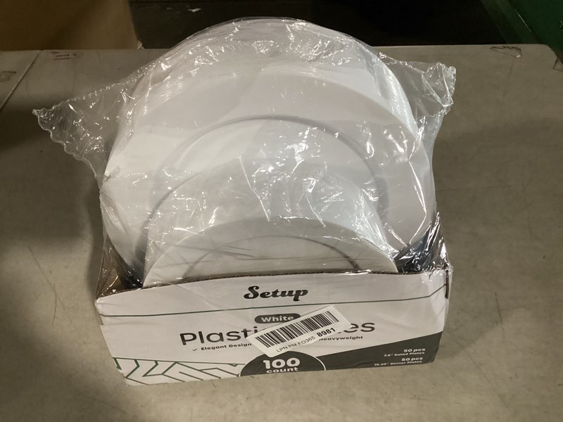 Condition photo showing Good Condition for SETUP 100-Piece White Plastic Dinnerware Set – 50 10.25" Dinner & 50 7.5" Salad Plates – Heavy-Duty Disposable for Weddings, Catering, Parties 100 Count White Round Plates