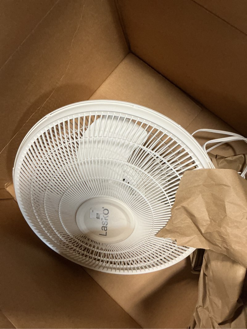 Condition photo showing As Is for lasko oscillating adjustable pedestal stand fan with timer and remote for indoor, bedroom, living room, home office & college dorm use, 16 inch, white, 1646 white fan