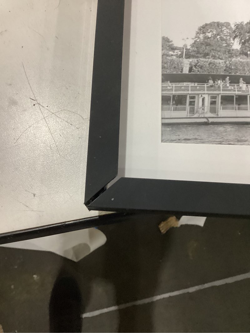 Condition photo showing As Is for damaged upsimples 13x19 picture frame, display pictures 11x17 with mat or 13 x 19 without, wall hanging poster frames, black, 1 pack black 13x19