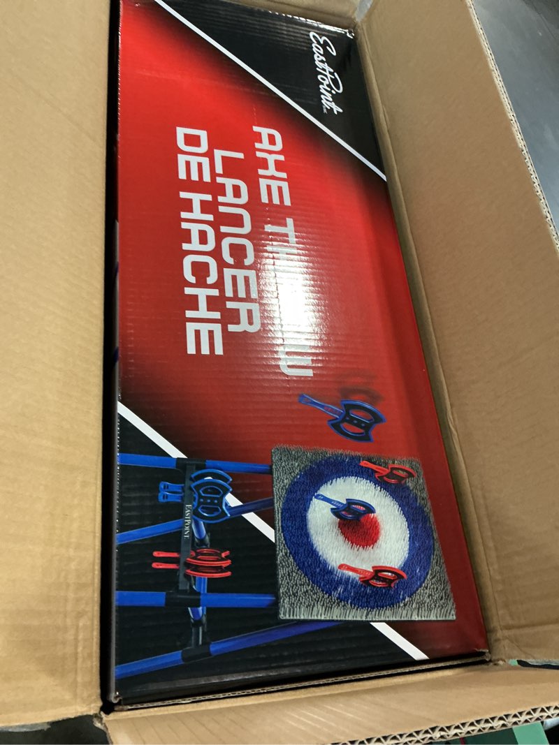Condition photo showing New/Like New for eastpoint axe throwing game set - 8 foam & plastic throwing axes - heavy duty steel frame - over 5 ft tall - folds flat for portable outdoor games - unique bristle target for yard games