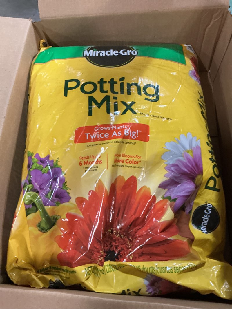Condition photo showing New/Like New for Miracle-Gro Potting Mix, For Container Plants, Flowers, Vegetables, Shrubs, Annuals, Perennials, Feeds up to 6 Months, 16 qt.