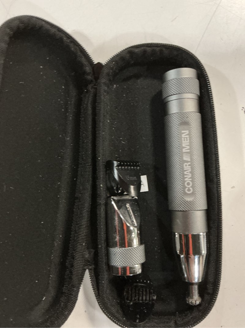 Condition photo showing Good Condition for conair men ear, nose and eyebrow trimmer, patented 360° bevel blade for no pulls, nicks or cuts guaranteed, nose hair trimmer for men, non-slip grip, 5-piece kit with travel case men's: multi attachment heads + storage case 1 count (pack of 1)