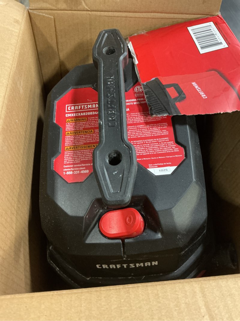 Condition photo showing As Is for craftsman 3-gallon 3 hp corded wet/dry shop vacuum with accessories included