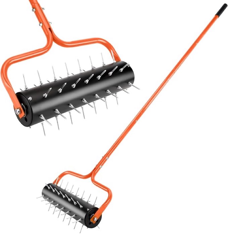 21" rolling lawn aerator, 45 preassembled spikes, only needs 3-5 minutes to assemble, no looseness, good package, 75" long handle with quick clip connections, u-shape construction - orange.