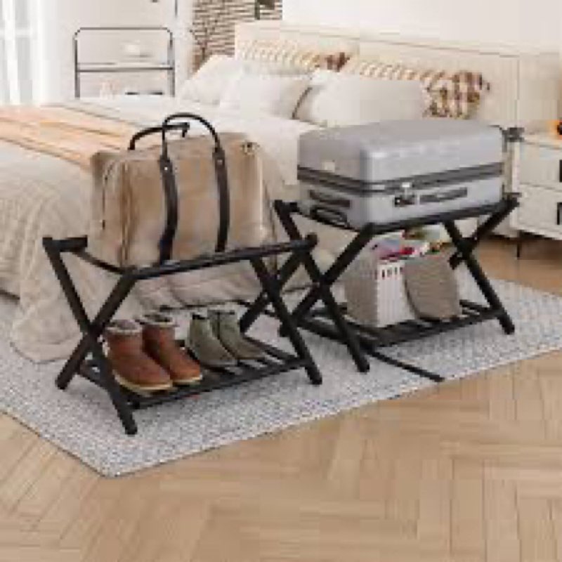 oakvivo 2 pack fully assembled black luggage racks, bamboo 26.77" folding suitcase stand for guest r