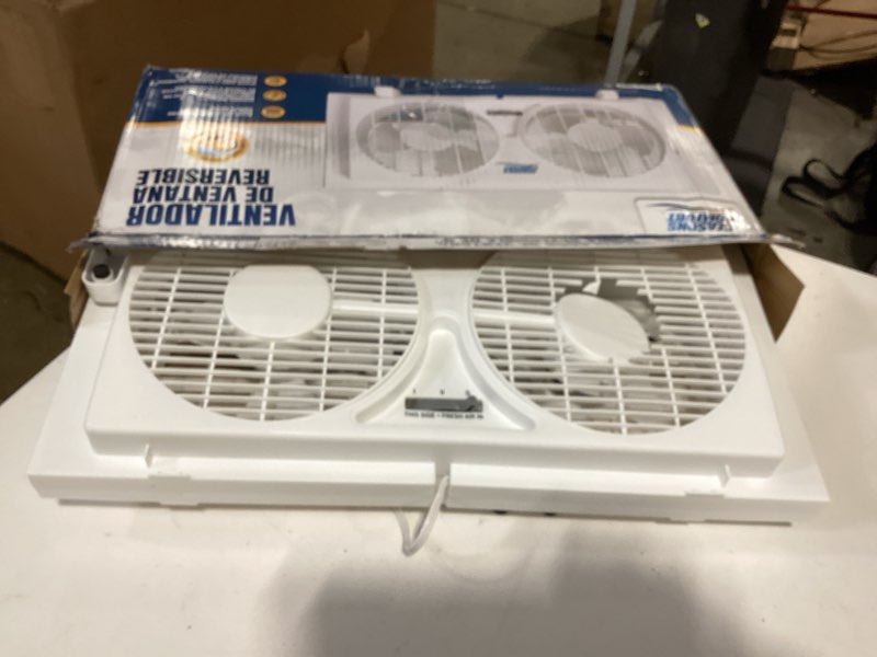 Condition photo showing Good Condition for seasons comfort twin window fan, reversible airflow control, 9 inch, 2 speeds, expandable, exhaust, dual fan - ideal for home, kitchen, bedroom & office