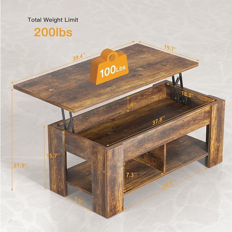 Coffee Table Lift Top with Storage Compartment and Separated Open Shelves (Vintage Brown)