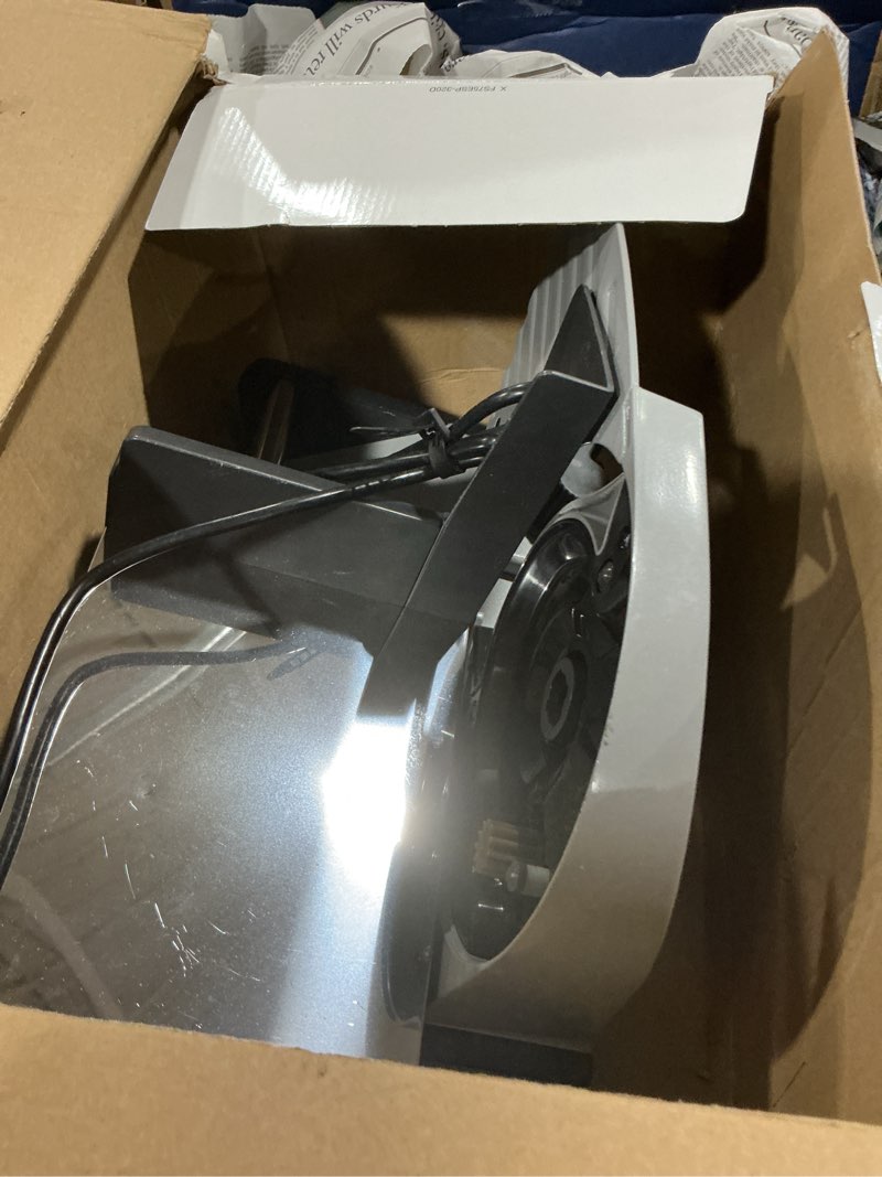 Condition photo showing As Is for cuisinart kitchen pro food slicer, meat slicer with slice control knob adjusts from 1/32" to 1/2" to slice bread, roasts, and firm cheeses, removable 7.5" stainless steel cutting blade, fs-75, gray
