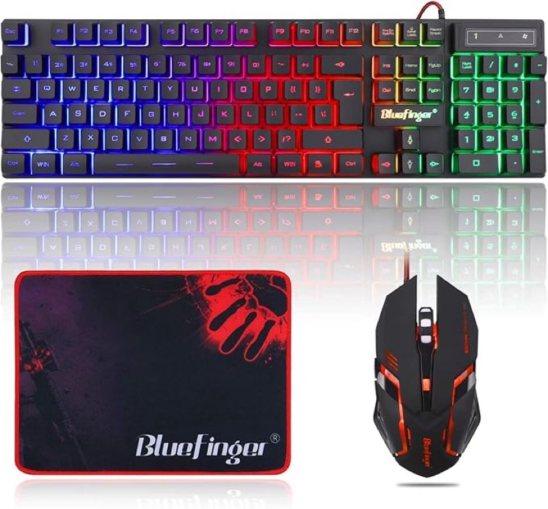 BlueFinger RGB Gaming Keyboard and Backlit Mouse Combo, USB Wired, LED Gaming Set for Laptop PC Comp