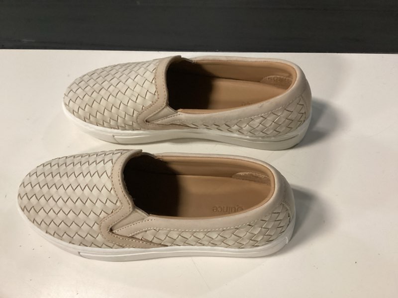 Condition photo showing As Is for handwoven leather slip on sneaker almond