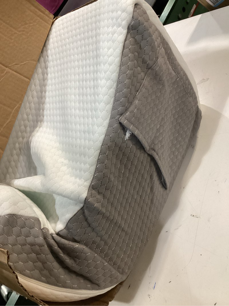 Condition photo showing As Is for Bedluxe Knee Pillow for Back Sleeping, Leg Pillow Knee Wedge Pillow, Memory Foam Wedge Pillows for Legs Post Surgery, Triangle Pillow for Knee Support, Leg Elevation, Knees Hip Back Pain Relief, White 23.6*18.9*7.9 Inch White/Grey