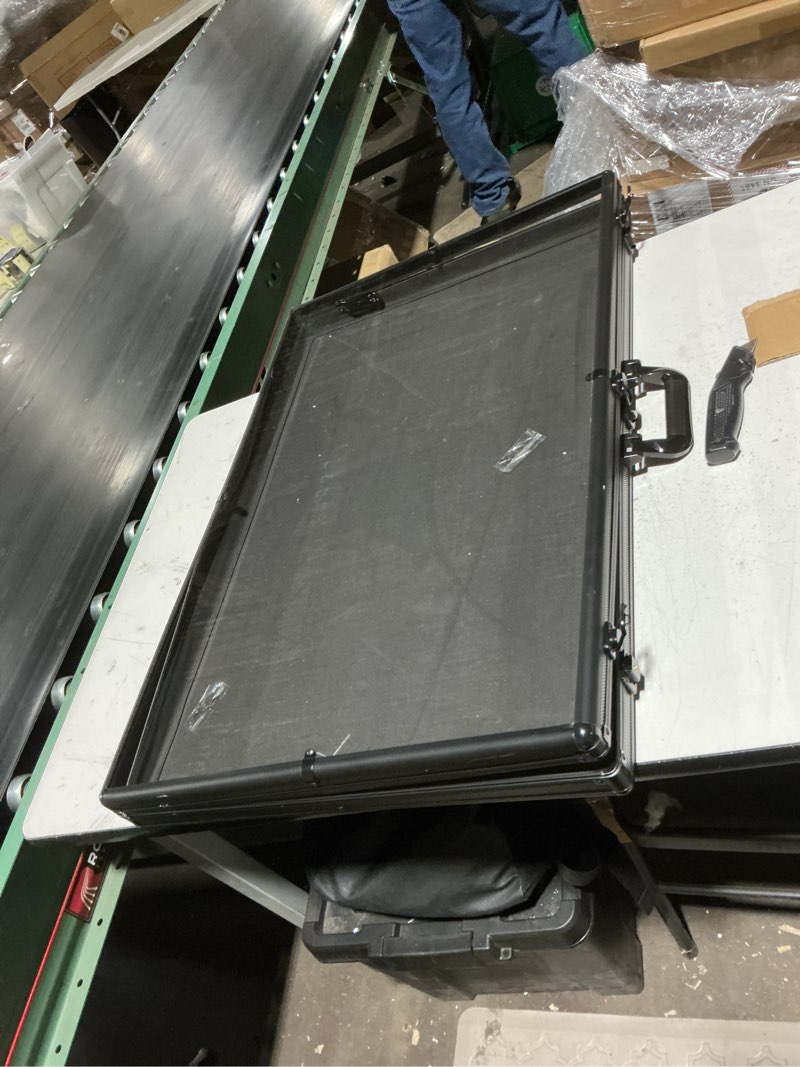Condition photo showing As Is for card display case for cards aluminum glass trade show display case large portable trading with lock for jewelry, collectibles, sports cards. 34in x 22in