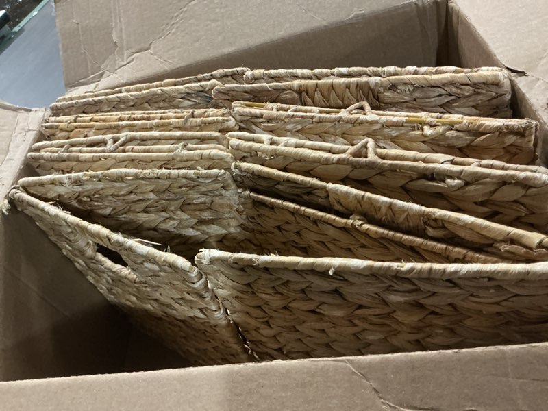 Condition photo showing As Is for 10.5 x 10.5 Storage Cubes – Water Hyacinth Wicker Baskets for Organizing, Wicker Storage Cubes, Storage Baskets for Shelves (4 Packs 10.5in) 10.5x10.5in Natural - 4 packs
