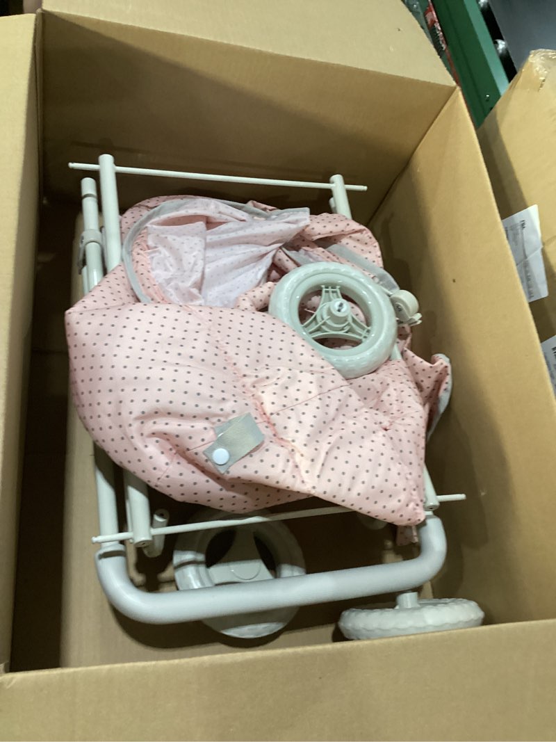 Condition photo showing Good Condition for Olivia's Little World Buggy-Style Baby Doll Stroller with Retractable Canopy, Storage Underneath, Detachable Bassinet, Travel Nursery Bag, Comfortable to Push, Pink and Gray Pink/Grey Deluxe