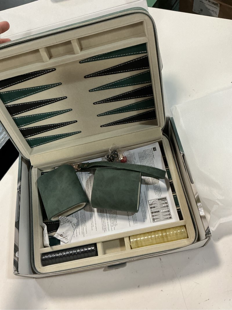 Condition photo showing New/Like New for backgammon sets for adults and kids, classic backgammon board with unique checkers dice, folding faux leather backgammon case, portable travel backgammon game set (green)