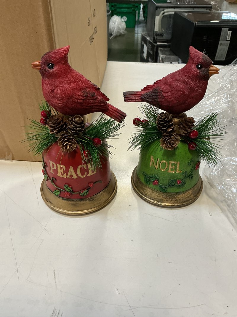 Condition photo showing New/Like New for 8TAR837  Holiday Poinsettia Table Decor Resin Cardinal on Bell set of 2