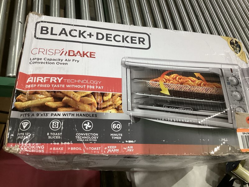 Condition photo showing Good Condition for BLACK+DECKER Crisp 'N Bake Air Fry Countertop Convection Toaster Oven, XL Capacity, 8-Slice, 5-in-1, Fits 9” x 13” pan,12” Pizza, 60-Min Timer, Bake, Broil, Air Fry, Toast, Keep Warm, Stainless Steel