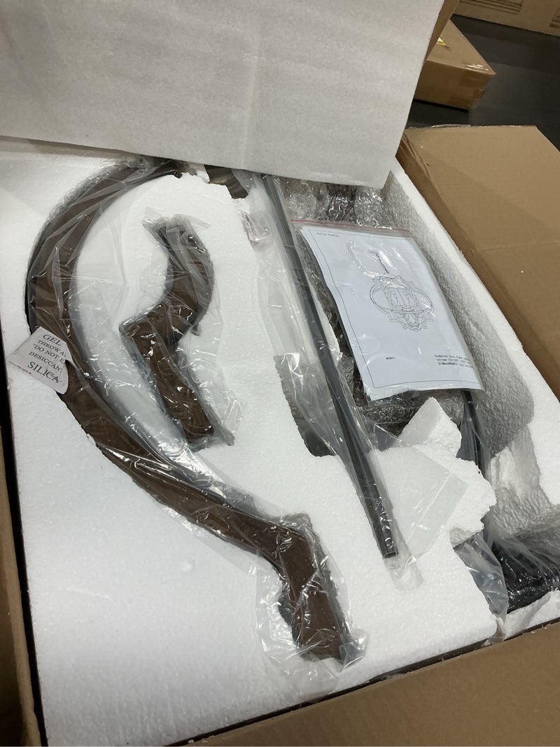 Condition photo showing Good Condition for 31.5'' 8-Light Farmhouse Chandelier for Dining Room Vintage Rustic Oak Brown Wood Pendant Light Fixtures Globe Hanging Ceiling Lighting for Hallway Entry