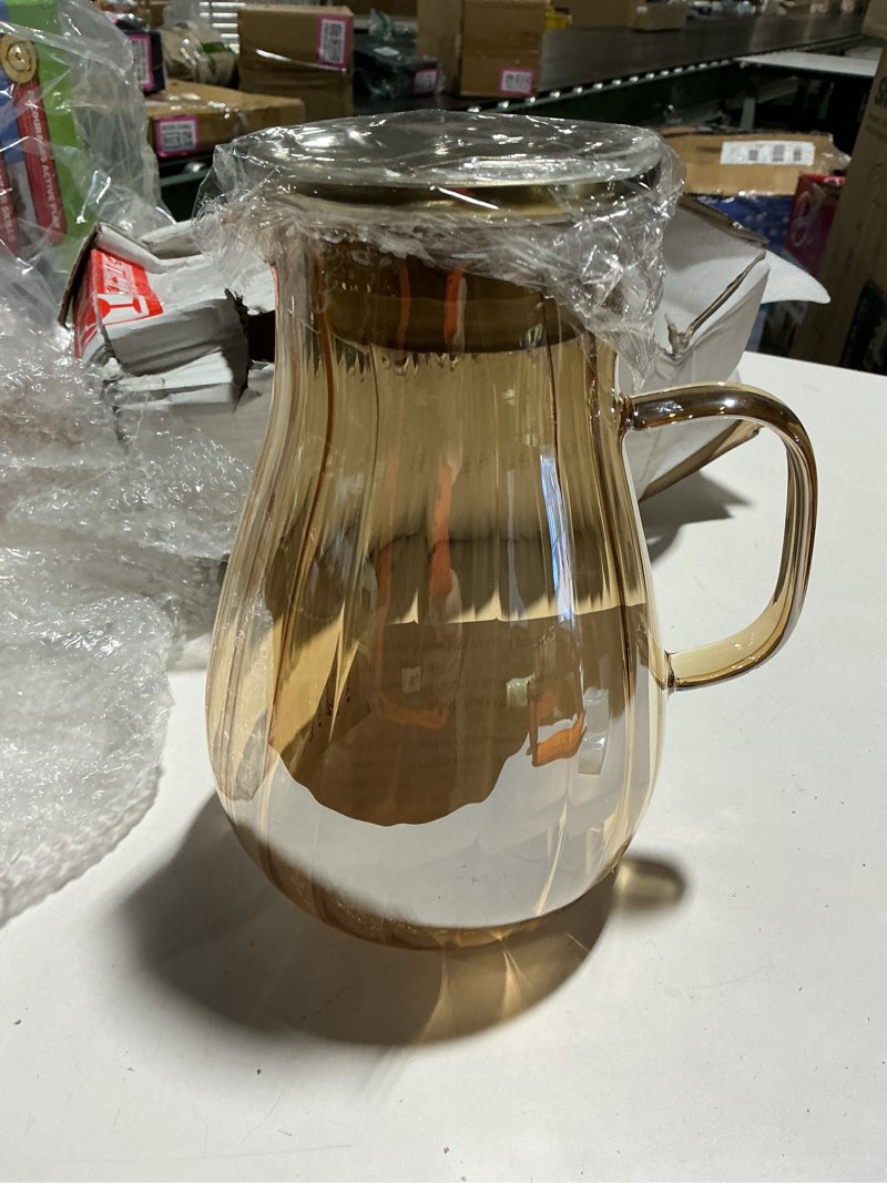 Condition photo showing Good Condition for glass pitcher with lid amber round water carafe with handle and spout for homemade beverage, juice,hot coffee, iced tea and milk ?62oz? amber2