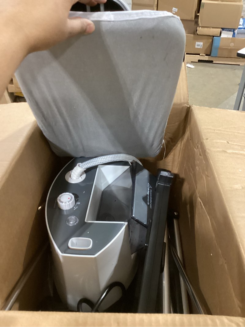 Condition photo showing Good Condition for professional heavy duty full-size standing garment steamer 25s fast heat-up with 1.6l/54 fl.oz water tank, self-cleaning function, foldable ironing board, ironing gloves white