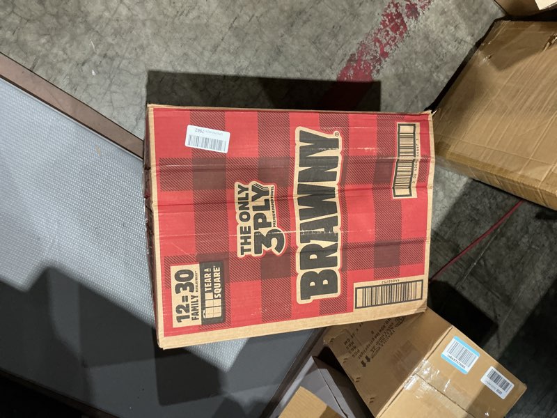 Condition photo showing New/Like New for brawny tear-a-square 3-ply paper towels, 12 xl family rolls = 30 regular rolls, strong, absorbent, and durable with 3 sheet sizes (quarter, half, full) family 12 xl family rolls