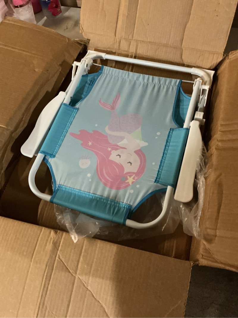 Idea Nuova Heritage Kids Outdoor Portable Folding Beach Chair with White Metal Legs, Blue with Pink Mermaid, Ages 3+